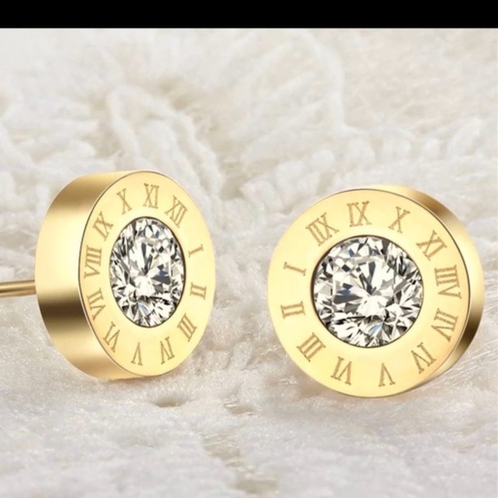 Roman Numeral Gold or Silv Simulated Diamonds Stud